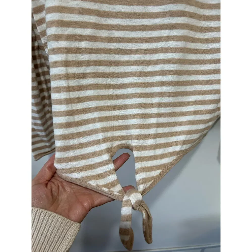 J. Crew tan white striped knit sweater womens XL round neck light weight